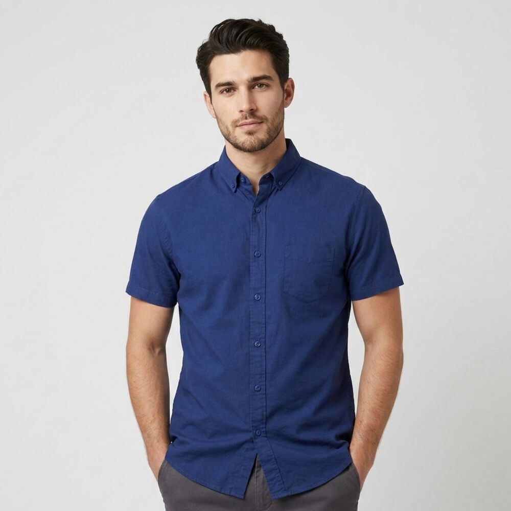 Onia Linen Shirt Mens Small Blue Short Sleeve Button Down